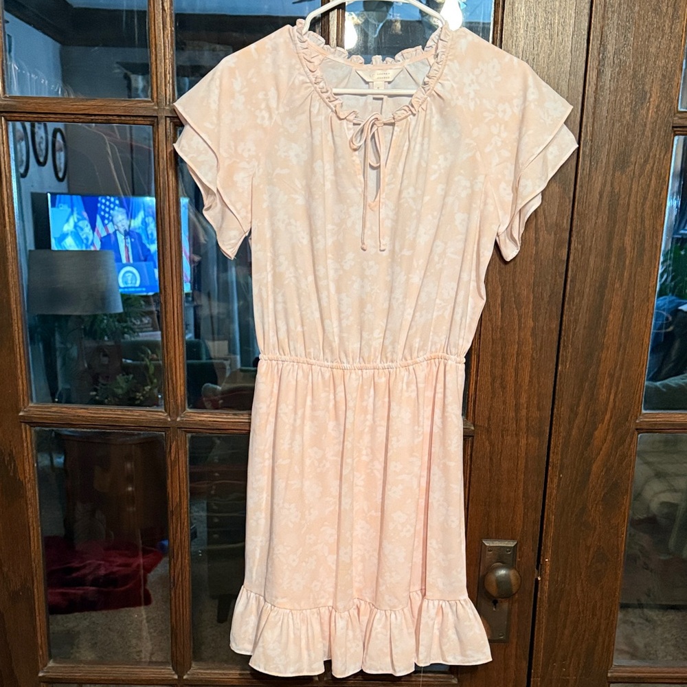 LC Lauren Conrad‎ Women Peach Floral Ruffle Neck Flutter Sleeve Mini Dress Small
